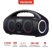 Aiwa Wireless Boombox Bluetooth Speaker, 120W Peak Power, IPX7 Waterproof, 15Hr Playtime, 7 LED Light Modes, USB-C Fast Charging, True Wireless Pairing, Outdoor & Party Speaker