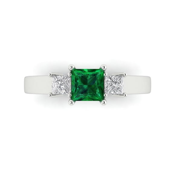 Three-Stone Engagement Ring for Women - 1.11ct Simulated Emerald in 14K White Gold Promise Ring