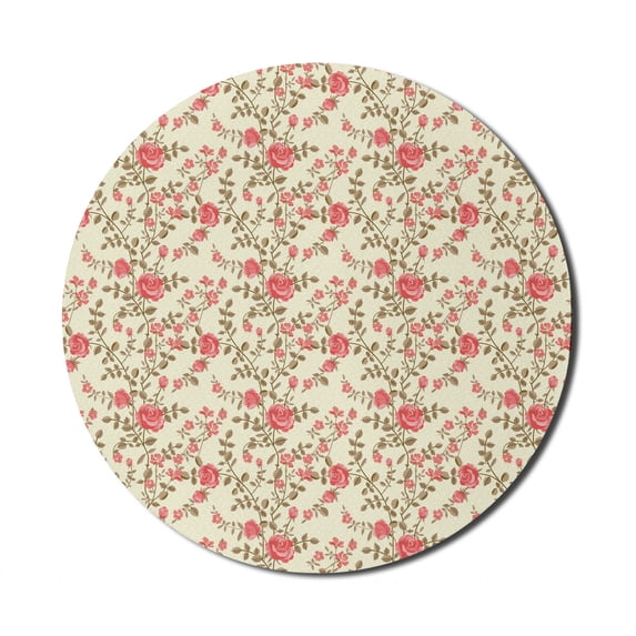 Rose Mouse Pad for Computers, Rustic Pattern with Floral Stems Old Fashion Design Classical Feminine, Round Non-Slip Thick Rubber Modern Mousepad, 8" Round, Pale Yellow Dark Coral, by Ambesonne