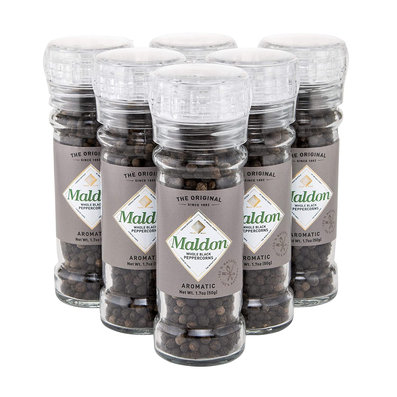 Maldon Salt, Whole Black Peppercorn Grinder, 50 g, 6 Count, Refillable and Adjustable, Kosher