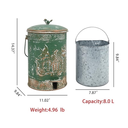 Farmhouse Garbage Can with Lid Indoor Outdoor Trash Can Embossed Bird Flower Pattern Metal Retro Kitchen Wastebasket for Garden Decor Green