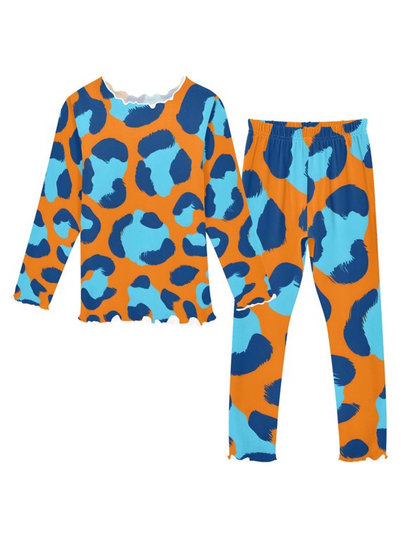 Orange Blue Leopard Pattern Girls Pajama Set Soft Warm 2-Piece Long Sleeve Sleepwear Soft Warm Cozy 2T