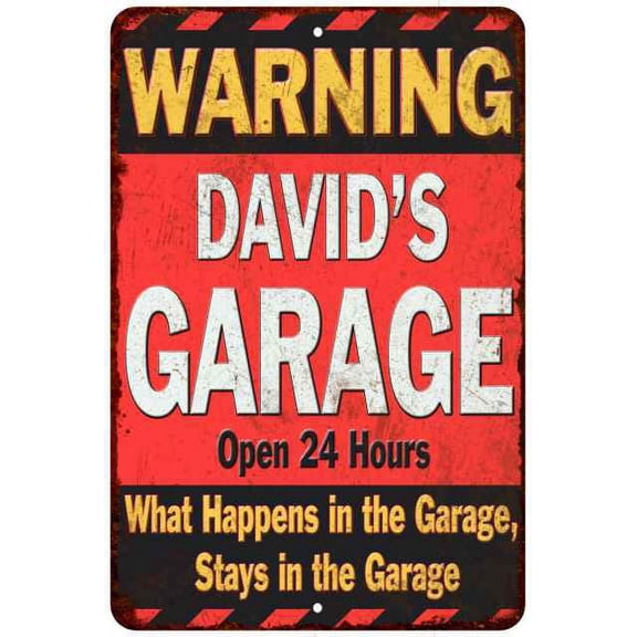 DAVID'S Garage Warning Man Cave Wall Decor 8 x 12 High Gloss Metal 208120030009