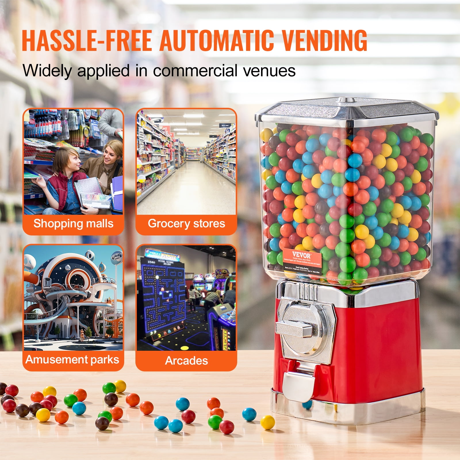 VEVOR Gumball Machine for Kids, 17"H Home Candy Vending Machine, PC Gumball Dispenser, Bubble Gum Machine for Game Stores, Coin Operated Gumball Bank