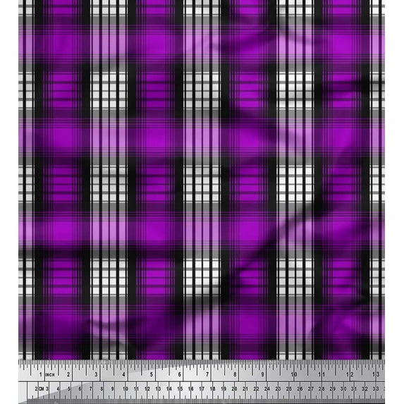 Soimoi Purple Satin Silk Fabric Plaid Check Print Fabric by the Yard 42 Inch Wide