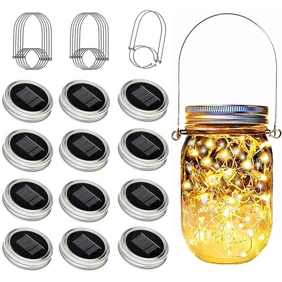 Luces solares YJFWAL para tapa de tarro, paquete de 12 unidades, 30 LED, color blanco cálido