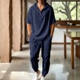 thumbnail image 2 of Men's Beach Outfit 2 Piece Linen Casual Button Down Henley Shirt Short Sleeve Loose Drawstring Hoodie and Harem Pants Vacation Sets for Men Size 3XL Navy, 2 of 9