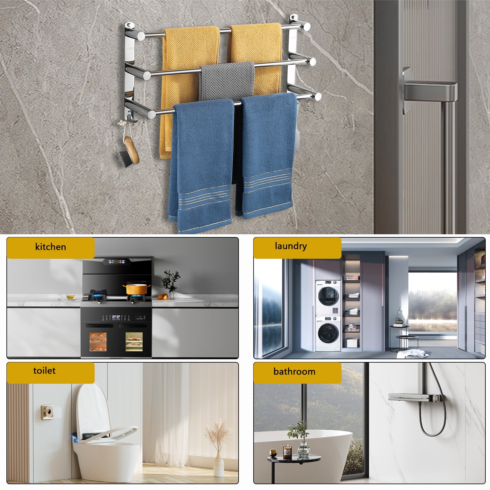 16- to 30-inch Adjustable Towel Rack for The Bathroom and Kitchen, Hand Towel Holder,  SUS304 Stainless Steel, Rust-resistant Wall Mount, No Drilling Required ,Silvery