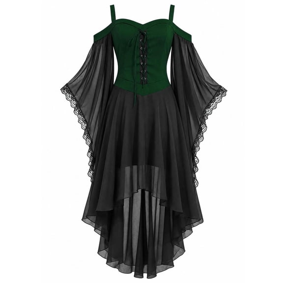 Plus Size Women's Halloween Gothic Witch Dress Renaissance Medieval Vampire Mesh Outfit Butterfly Sleeve Off Shoulder Cosplay Dress
