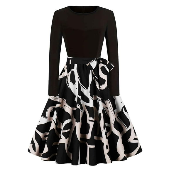 WJHWSX Casual Dresses for Women,Fall Dresses for Women 2025,Womens Dresses,Long Sleeve,Crew Neck,Breathable,Printed,M(US:6)