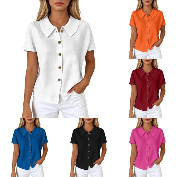 NinXxx Women‘s Lapel Collar Short Sleeve Blouse Button Front Loose Fit Top White XL