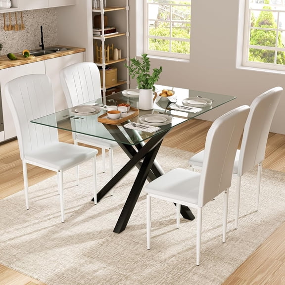 Glass Dining Table Set for 4, 5 Piece Dining Table Set with 4 White Leather Kitchen Chairs, 51.18" Rectangle Dinner Table Set for Dining Room, Kitchen(Black Table   4 White Chairs)