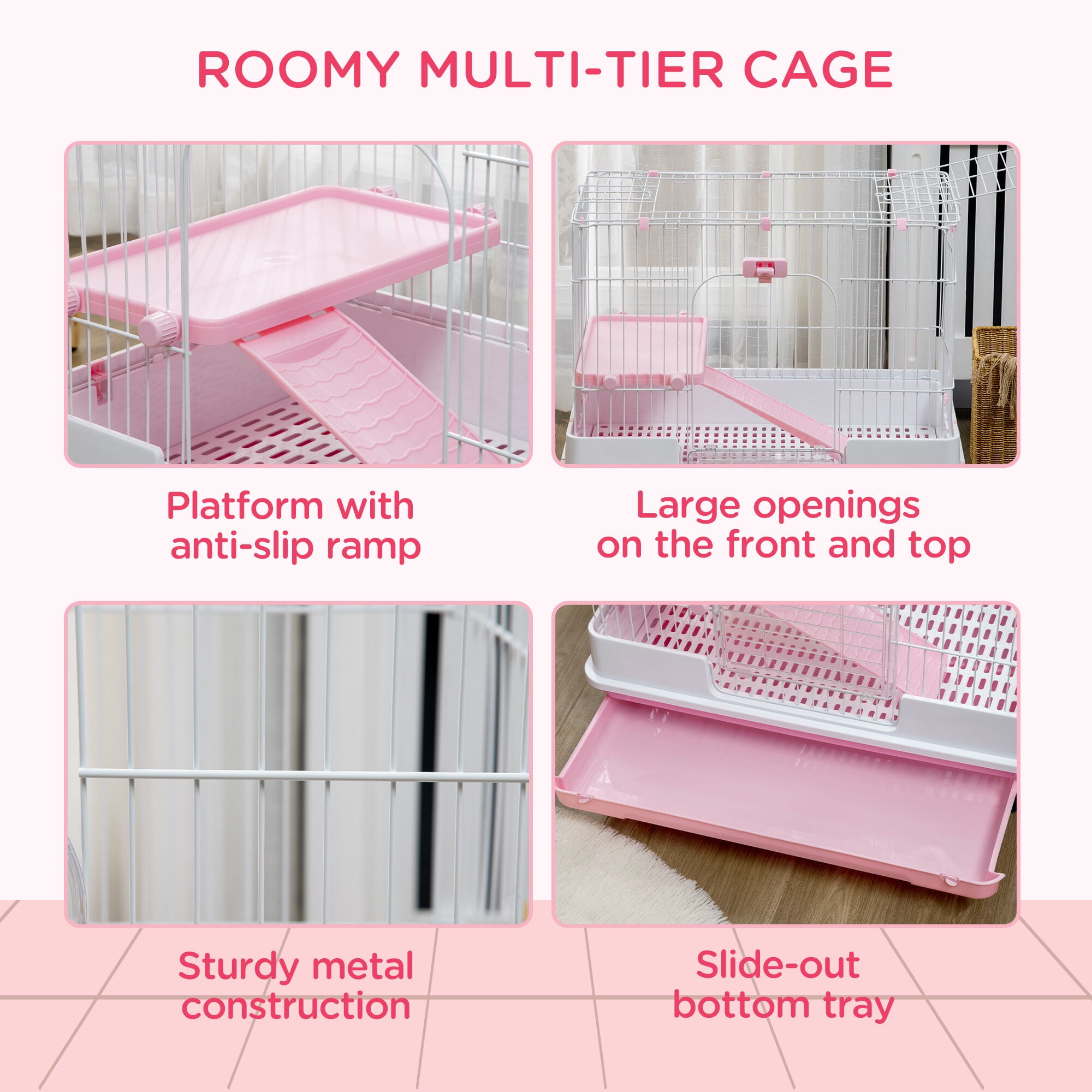 Pink 2-Level Small Animal Cage with Wheels, Rabbit Hutch for Bunny & Chinchillas, 32"L x 20.8"W x 26"H