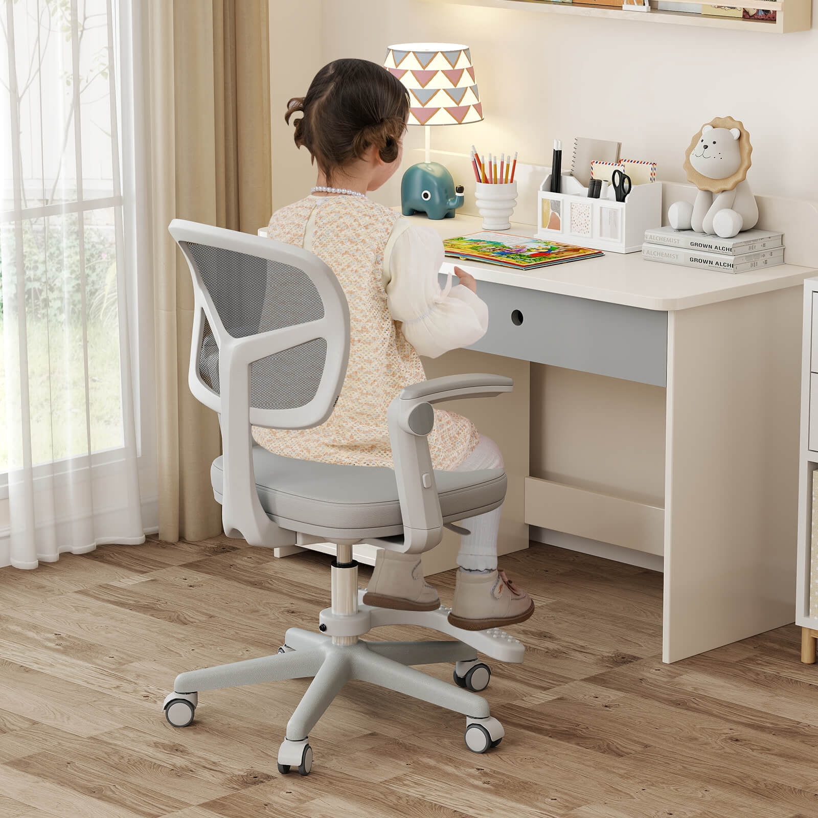 Costway Kids Desk Chair Children Study Chair with Adjustable Height, Armrest & Footrest Gray