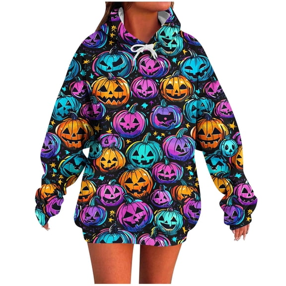 JOANKDMI Womens Retro Graphic Halloween Sweatshirt Hoodie Oversized Colorful Print Pullover Long Sleeve Drawstring with Pocket Y2K Fall Fashion Casual Trendy Tops