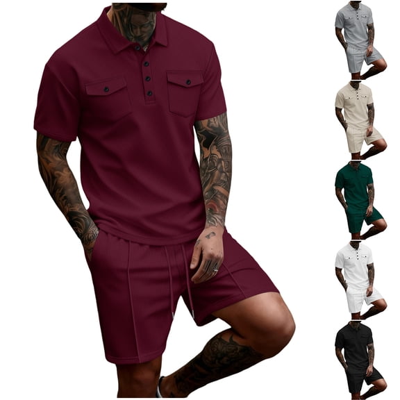 Bovxnpu Men's Clothing Set 2 Piece Outfits Men Short Sleeve Button Collar Top Pocket Elastic Waist Beach Set