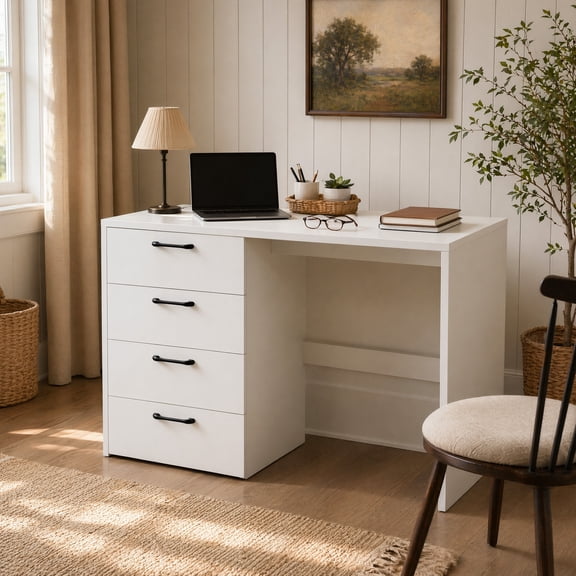 43.5" Modern Computer Desk with 4 Drawers, Study Writing Desk for Home Office,White