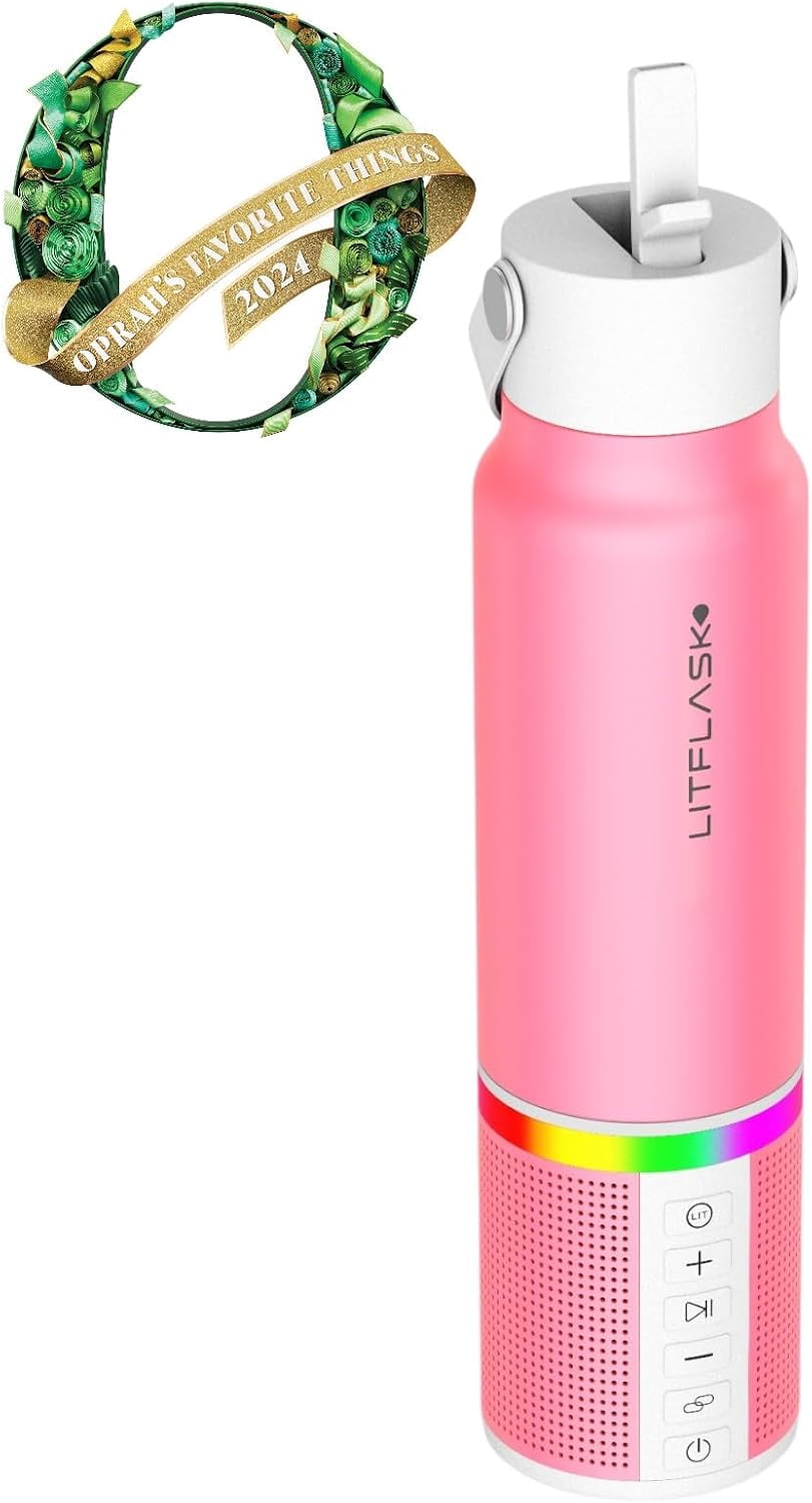 LITFLASK Smart Water Bottle with Premium Bluetooth Speaker, Pink, Portable Charger, LED Light, Stainless Steel, Mix & Match Colors, 20oz - Oprah's Favorite Things 2024