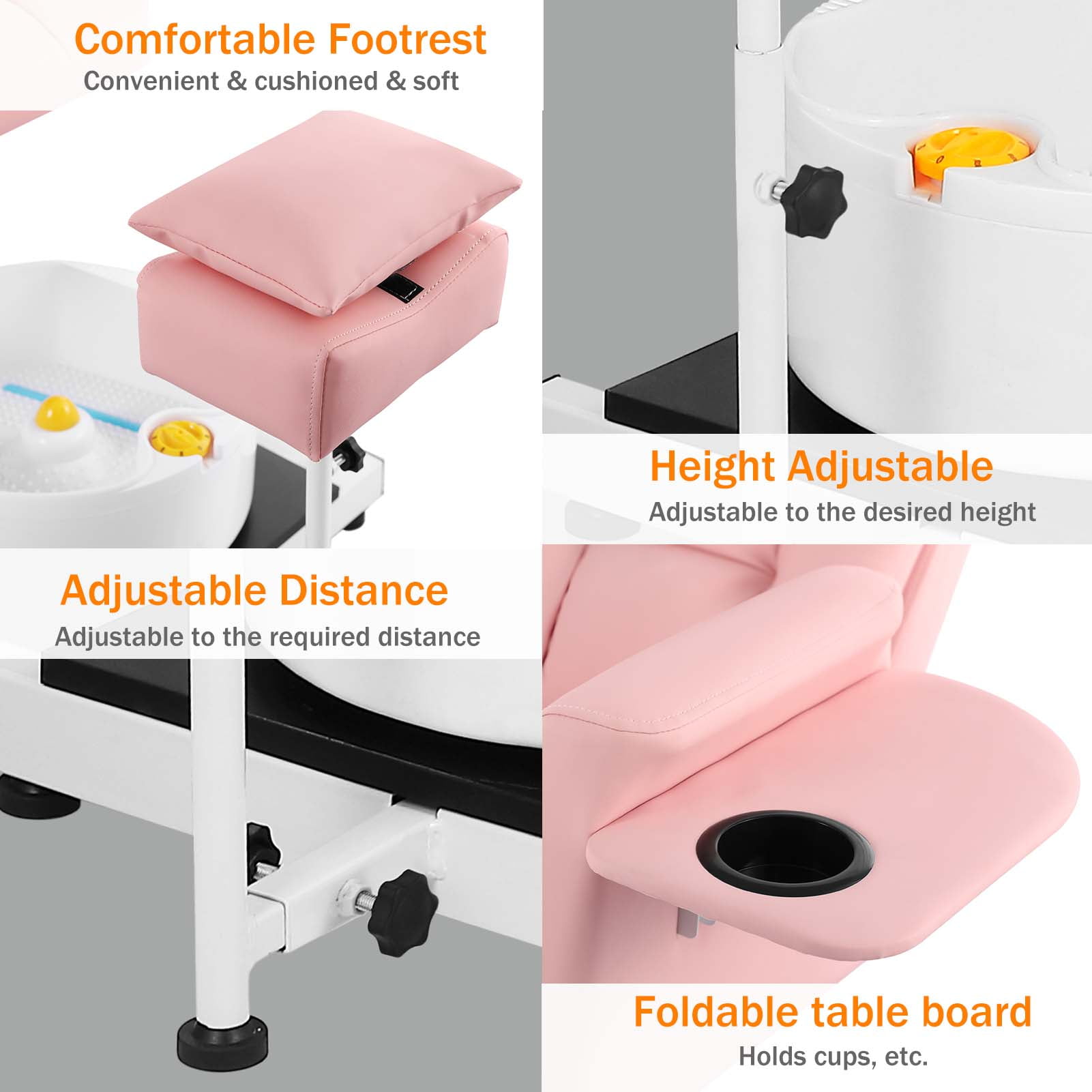 Reclining Pedicure Chair with Foot Bath, No Plumbing Spa Pedicure Station for Nail Tech, 360° Swivel Adjustable Pedicure Unit with Stool