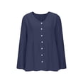thumbnail image 5 of Comdrip Women's Fashion Cotton Linen Shirt Long Sleeve Crew Neck Solid Color Ethnic Beach Yoga Top Button down Tee Shirt Blouses Navy Xl, 5 of 8