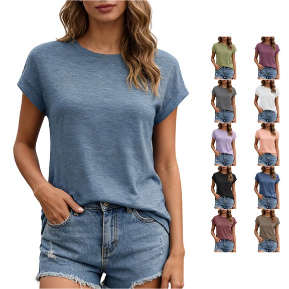 Rggeeun Womens Shirts Summer Knit Solid Color Smooth Short Sleeve Crew Neck Loose Soft Breathable for Streetwear Casual Tshirts,Blue,Xxl