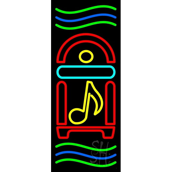Juke Box With Musical Note And Green And Blue Line LED Neon Sign 24 x 10 - inches, Black Square Cut Acrylic Backing, with Dimmer - Bright and Premium built indoor Neon Sign for club and Storefront.