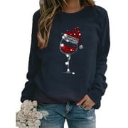 LEVEFORD Women’s Christmas Crew Neck Sweatshirt Glitter Santa Hat Red Wine Glass Print Long Sleeve Pullovers