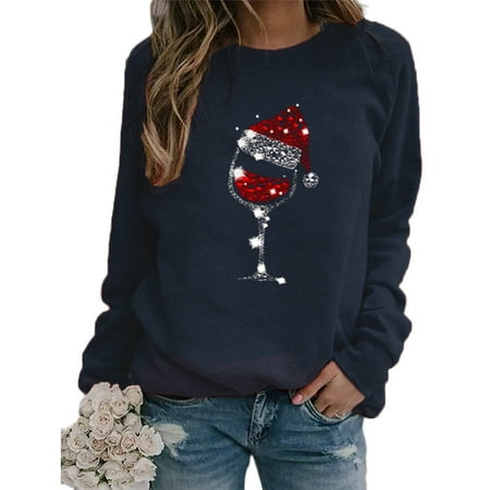 LEVEFORD Women’s Christmas Crew Neck Sweatshirt Glitter Santa Hat Red Wine Glass Print Long Sleeve Pullovers