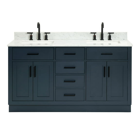 Ariel Hepburn 61 In. Double Rectangle Sink Vanity With 0.75 In. Carrara White Countertop In Midnight Blue