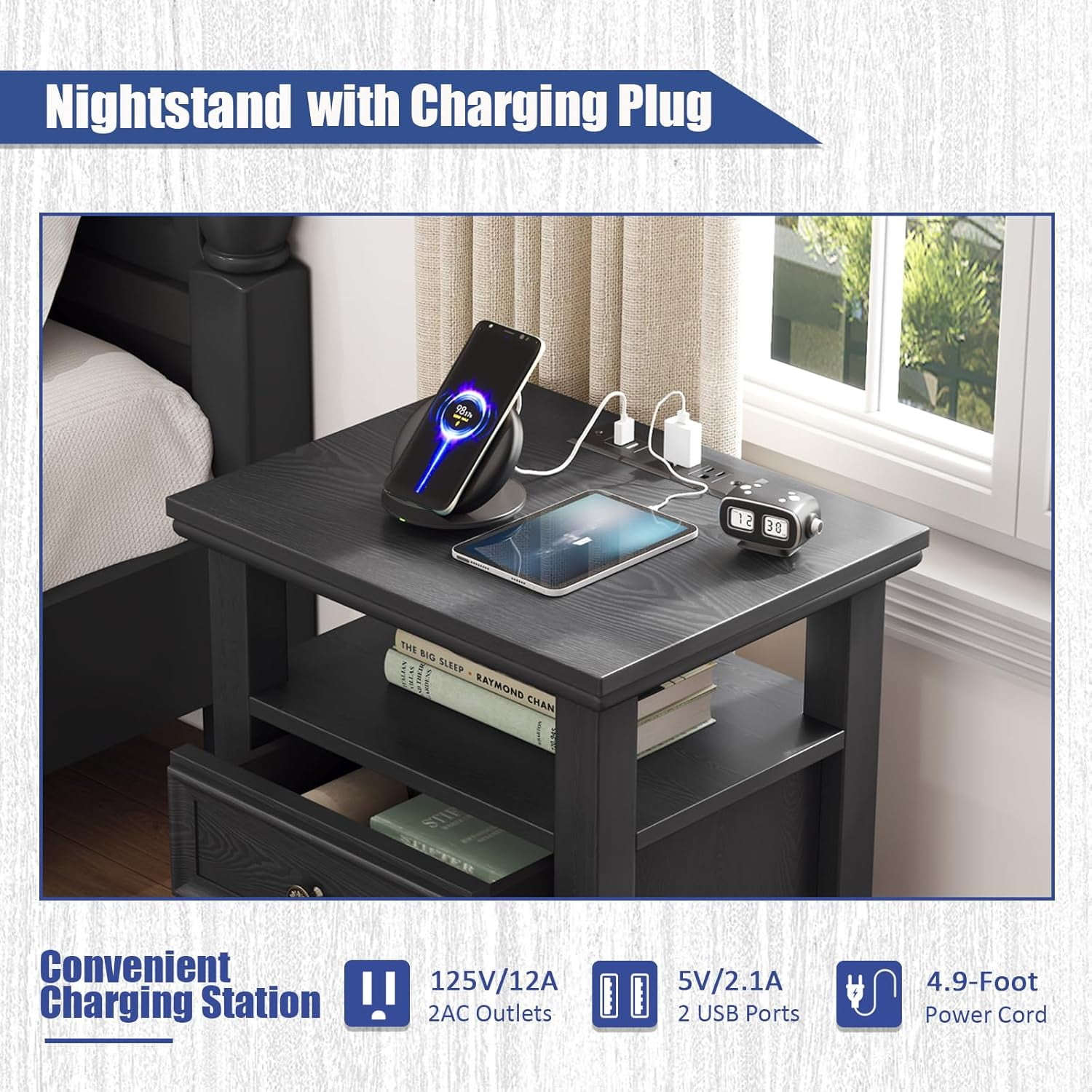 BOSHIRO Black Nightstand with Charging Station, 2-Drawer Modern Bedside End Table with USB Ports & AC Outlets, Night Stand with Open Shelf