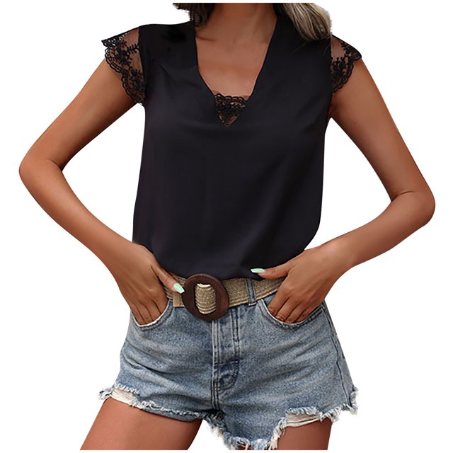 Mujeres Casual cuello en V manga corta sólido suéter blusa camiseta Tops sueltos OAVQHLG3B Store lin121212