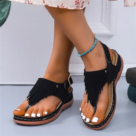 

KBODIU Sandals Women Athletic Comfortable Outdoor Sandals with Arch Support Walking Sandals for Women Round Toe Hollow Tassel Wedge Sandals Solid Color Flip Flops for Spot/Beach/Home Black 41