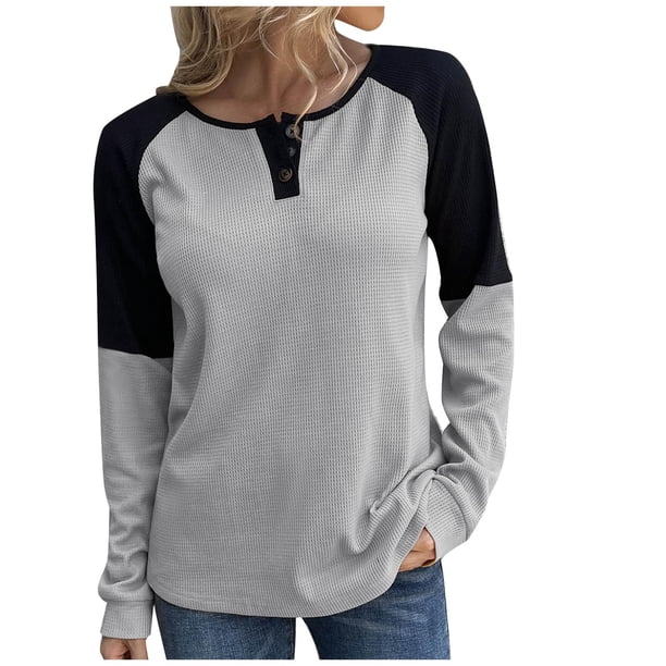 Tops de Mujer Blusas de Manga Larga Botón de Moda Cuello Redondo Jersey de Costura Odeerbi ODB185535