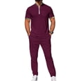 thumbnail image 2 of Men 2 Piece Casual Beach Outfits Short Sleeve Button Down Shirts Summer Loose Pant Sets Vacation Outfits Wine Red S, 2 of 6