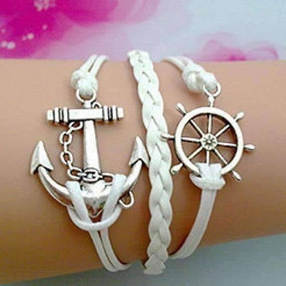 Anchors Away Handmade Leather Friendship Bracelet for Women Teen Ship Wheel in White