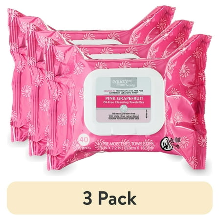 (3 pack) Equate Beauty Pink Grapefruit Oil-Free Cleansing Towelettes, 40 Count