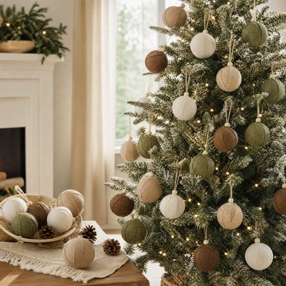 Set of 9 3.4in Vintage Christmas Ball Ornaments with Jute String, Shatterproof Plastic Baubles with Burlap Plaid and Distressed Finishes for Tree Holiday Decor