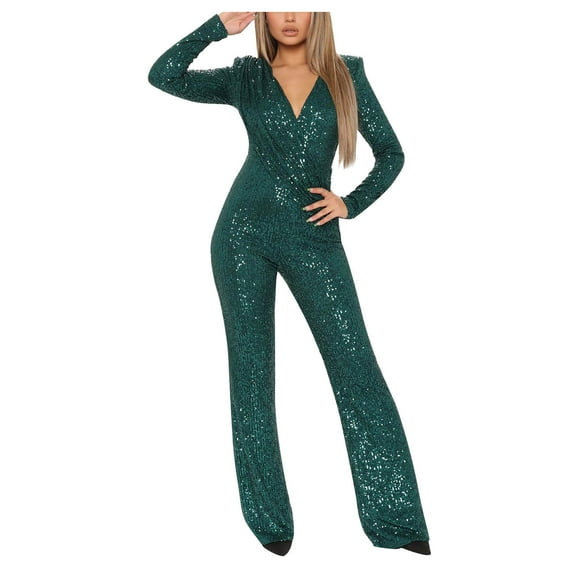 Sequin Jumpsuit for Women V Neck Long Sleeve Romper Sparkly Glitter Playsuit Ladies Elegant Wedding Party Clubbing Rompers Office Evening Trousers Glitter Bling Clubwear