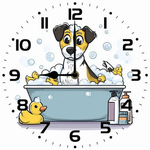 Soliyoahee Dog Bath Wall Clock 10inch Wooden Round Clock Bathroom Decoration Silent Non-Tick Battery Powered for Bathroom Living Room Bedroom Kitchen
