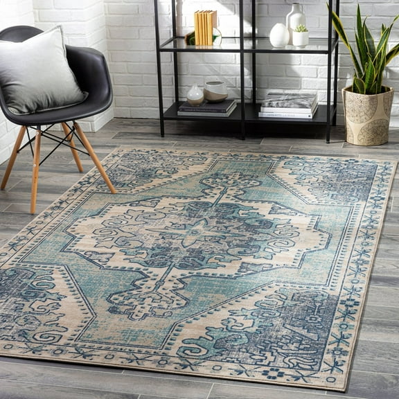 Livabliss Area Rugs for Living Room, 9x13 Bohemian Traditional Blue Rug, Bedroom Dining Room Home Decor Stain Resistant Carpet (8'10" x 12'9")