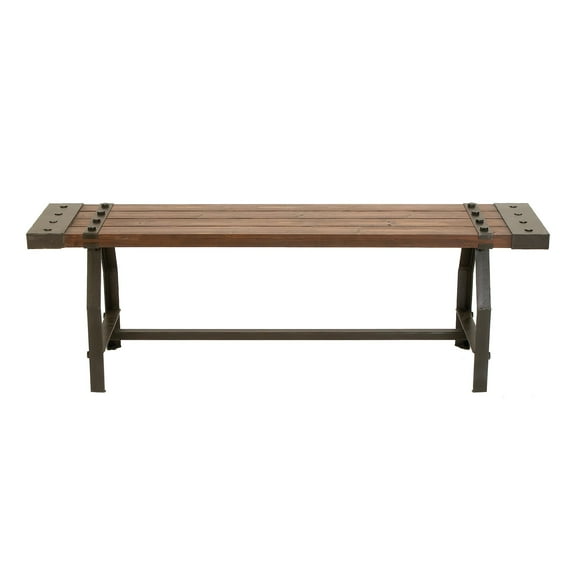 DecMode Wood Slatted Bench with Black Metal Base and Studs, Brown