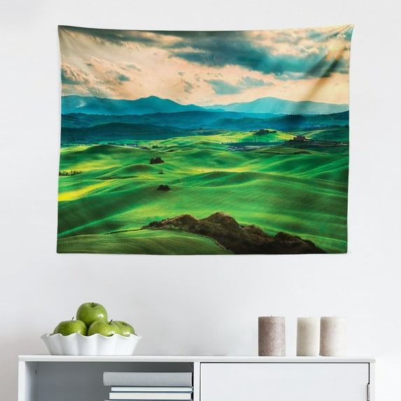 Tuscany Tapestry, Tuscany Italy Sunlight Homestead Plantation Farms Pathway Greenery Print, Fabric Wall Hanging Decor for Bedroom Living Room Dorm, 2 Sizes, Sky Blue Apple Green, by Ambesonne