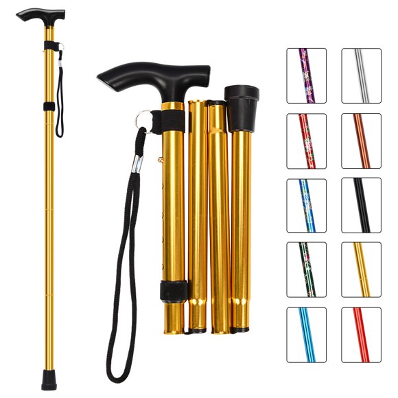 Bastón plegable MFE, portátil, ajustable en 5 niveles de altura, con diseño plegable, correa de muñeca y mango en T para hombres y mujeres, dorado