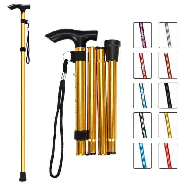 Bastón plegable MFE, portátil, ajustable en 5 niveles de altura, con diseño plegable, correa de muñeca y mango en T para hombres y mujeres, dorado