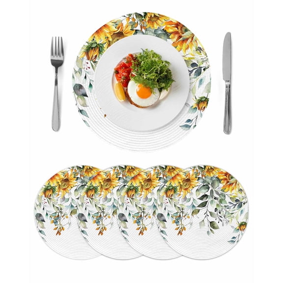 Sunflowers Round 15 Inch Placemats Set of 4, Eucalyptus Leaves Spring Floral Summer Botancial HeatResistant Non Slip Place Mats for Dining Table, Wipeable Braided Kitchen Table Mats for Housewarming