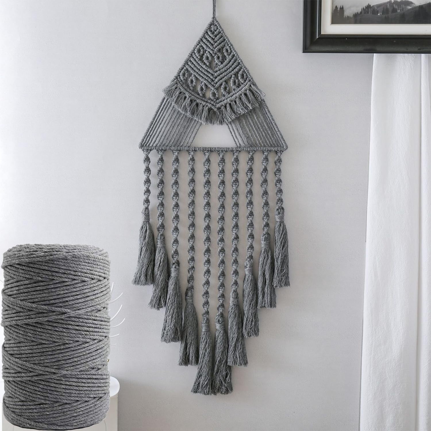 Macrame Cord, 3mm x 219 Yards Dark Gray Cotton String Macrame Rope, 4 Strand Twisted Soft Cotton Cord for Wall Hanging, Plant Hangers, Crafts, Knitting,Dark Gray