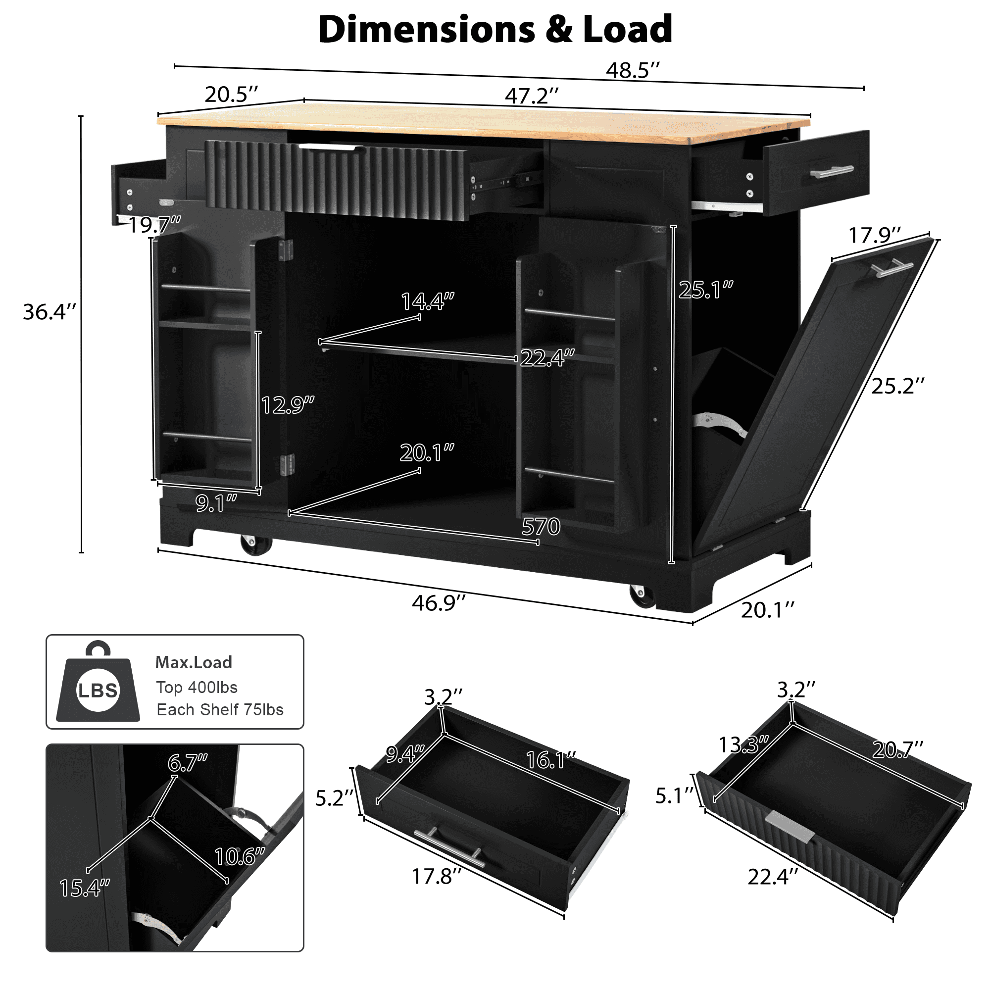Homy Casa Kitchen Island with Power Outlet, Hidden Trash Bin, Rolling Storage Cabinet with Drawers, Black