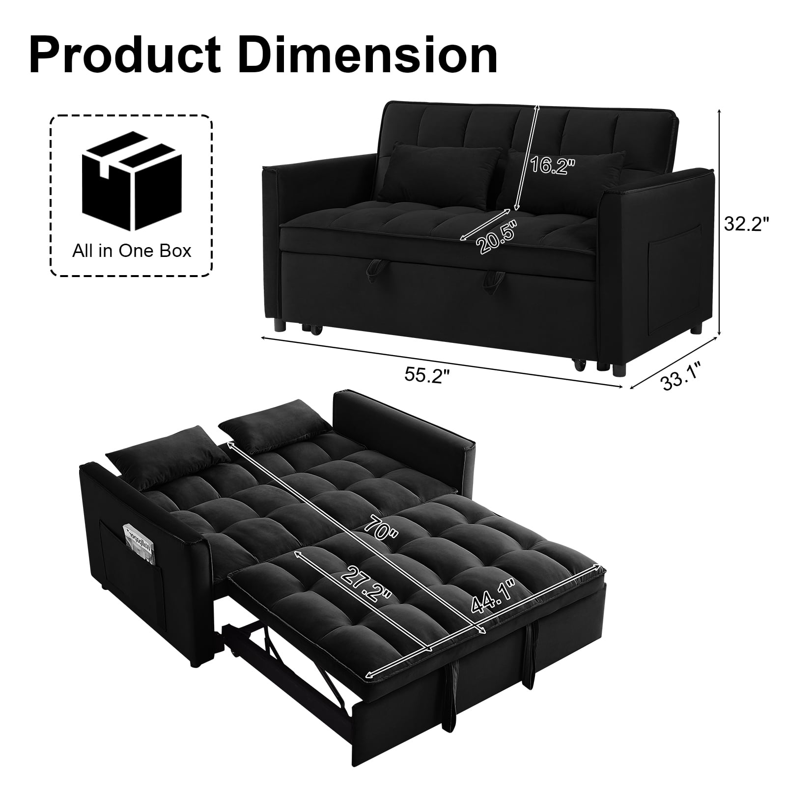 Aisword 3 in 1 Convertible Sleeper Sofa Bed, 55'' Loveseat Sleeper Sofa, Pull Out Couch Bed with Side Pocket & Adjustable Backrest for Living Room, Velvet Fabric, Black