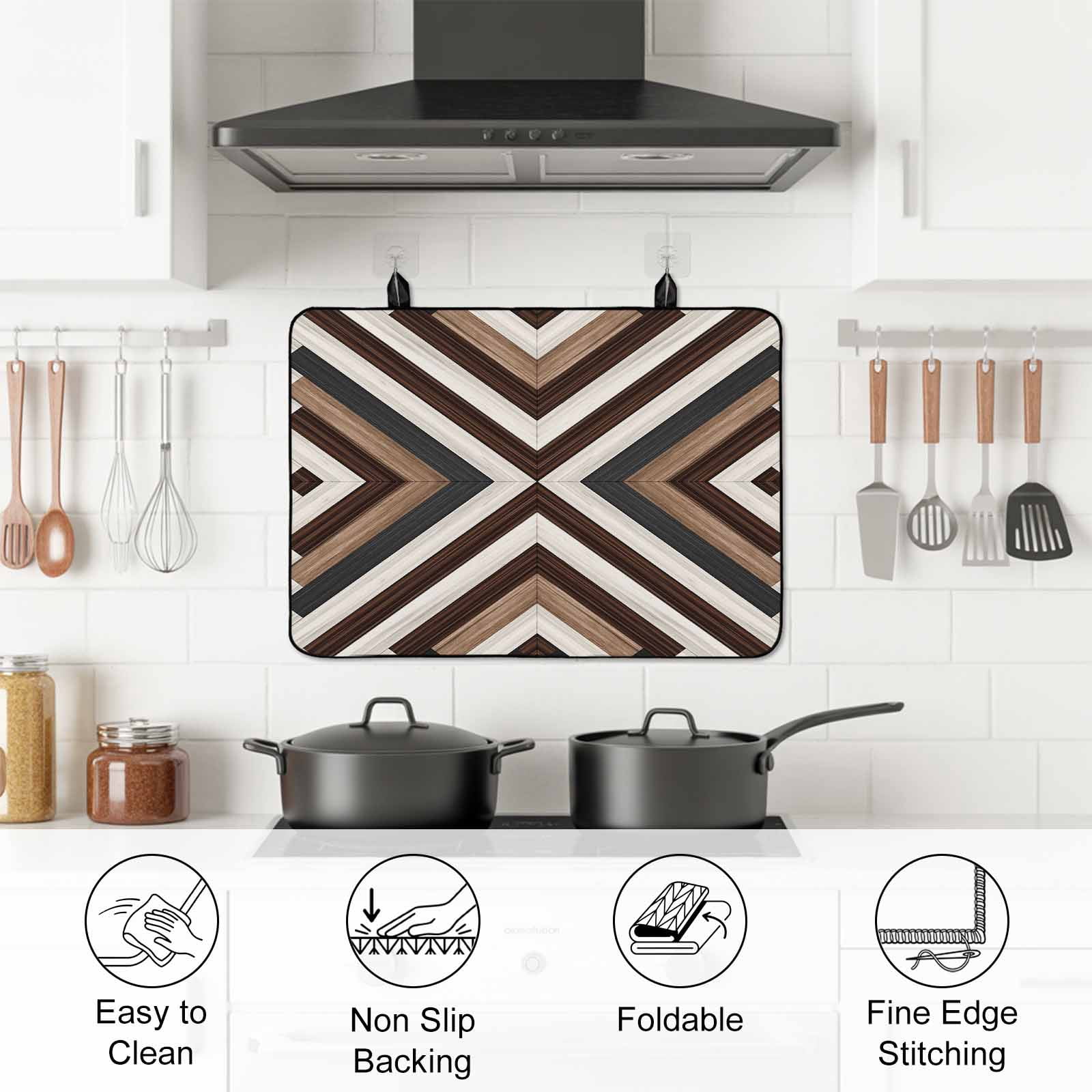Brown Blue Geometric Stove Top Cover for Electric Stove, Heat-proof & Non Slip Glass Top Stove Cover Protector, Modern Vintage Abstract Art Kitchen Flat Cooktop Rubber Mat 24x21 Inches