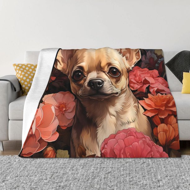 Fotbe Vintage Red Flower Chihuahua Manta de Franela con Estampado, Manta Ultrasuave para Cama, Sofá, Auto, Hipoalergénica y Antibolitas-80"x60"